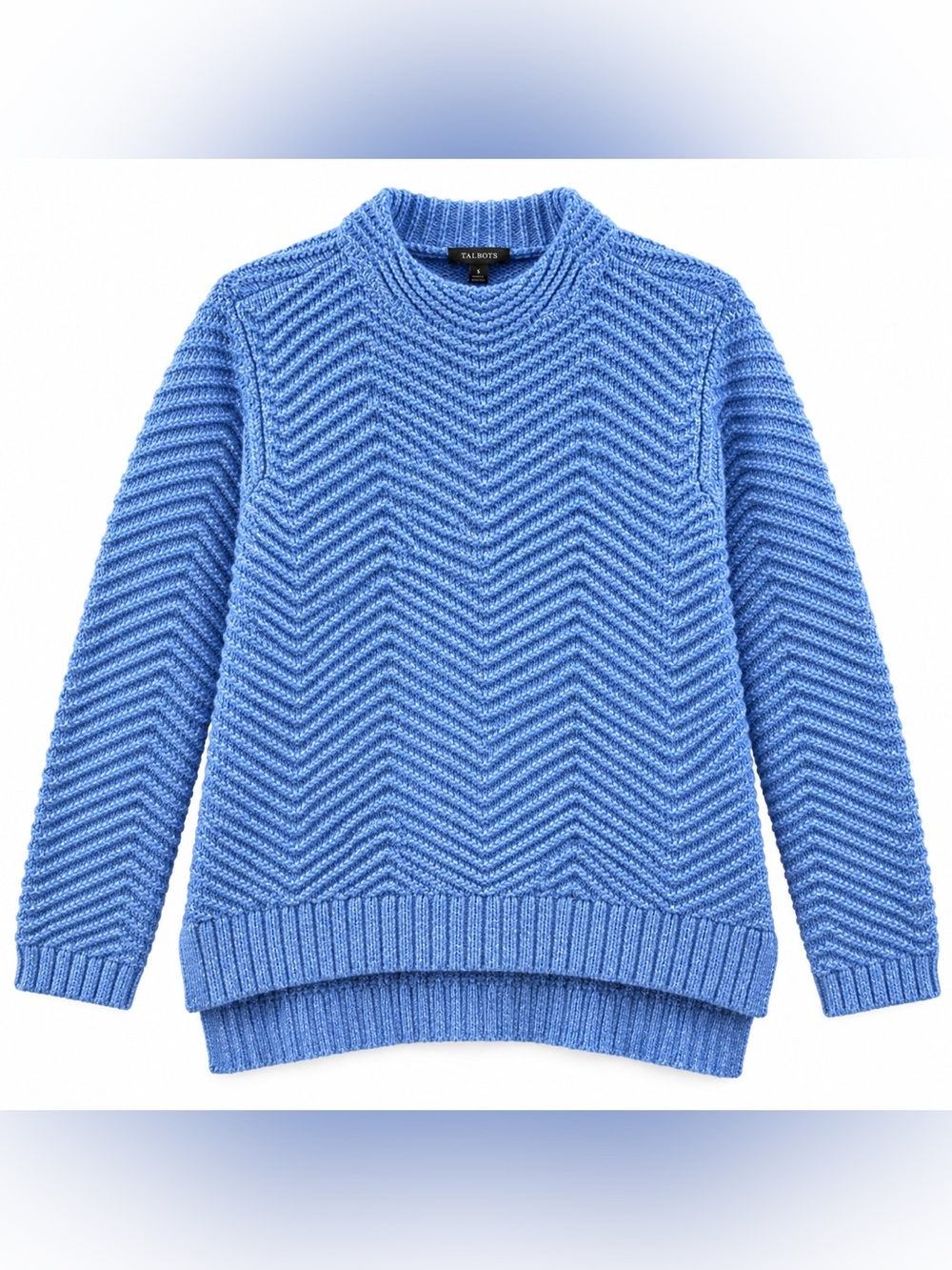 Talbots Blue Chevron Textured Knit Sweater Size Small Wool Blend High Low Hem